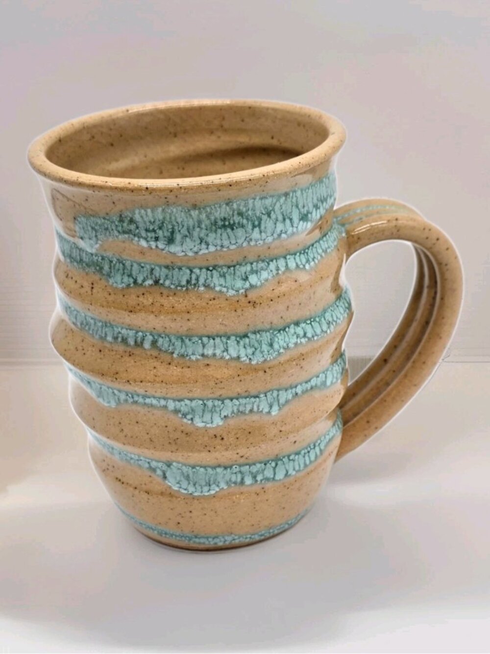 Beehive Wavy Style Art Studio Pottery Mug Turquoise Glaze Signed B Beach Cottage